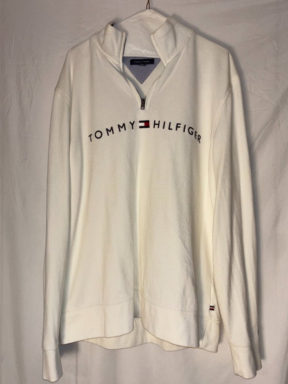 Tommy Hilfiger White Quarter Zip Logo Pullover Sweatshirt Size Large
